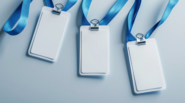 Blank event badges with blue lanyards against a white background, indicating exclusivity and identity.