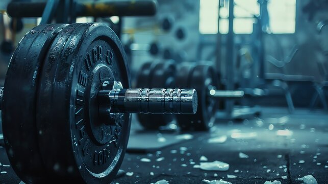 A lone barbell sits on the floor of a dark, empty gym