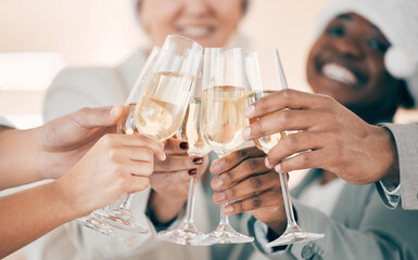 Hands, toast or happy business people in Christmas party in celebration of target or success or growth. Champagne, xmas bonus or cheers with team, wine or group of friends at work for winning goal