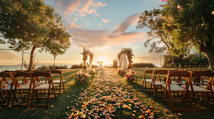 Beautiful Wedding ceremony event in garden at sunset.
