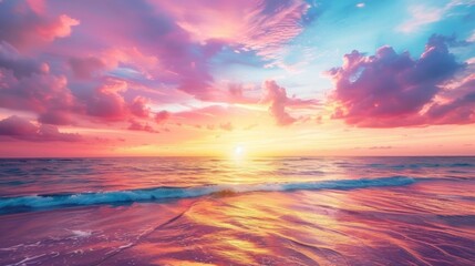 Obraz premium A colorful sunset over the ocean, with vibrant hues painting the sky and reflecting off the calm waves, creating a tranquil setting.