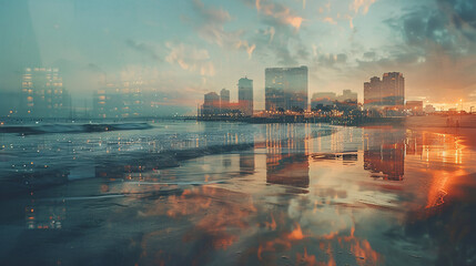 Double exposure image of a calm beach at sunset overlaid with a bustling night city, reflecting the peacefulness of nature against the energy of urban life.