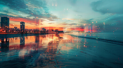 Fototapeta premium Double exposure image of a calm beach at sunset overlaid with a bustling night city, reflecting the peacefulness of nature against the energy of urban life.