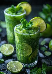 Green Detox Smoothie - Fresh, vibrant green color, garnished with a slice of lime and mint leaves