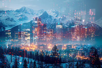 Obraz premium Double exposure of a mountain scene fused with the dynamic lights of a nighttime city, capturing the essence of adventure and modernity.
