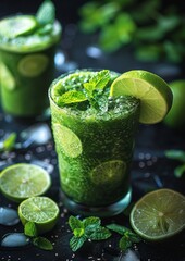 Green Detox Smoothie - Fresh, vibrant green color, garnished with a slice of lime and mint leaves