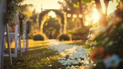 Beautiful Wedding ceremony event in garden at sunset.