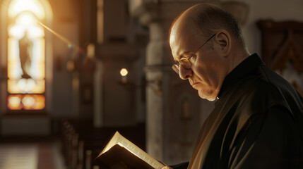 A pensive priest reads a bible in a sunlit church.