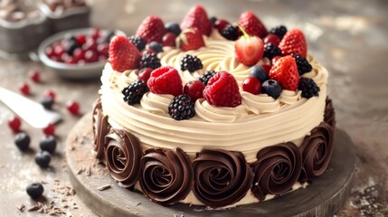 A decadent chocolate cake adorned with swirls of creamy frosting and topped with fresh berries, a tempting treat for any occasion.