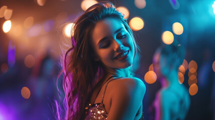 Smiling young woman dancing under vibrant nightclub lights.