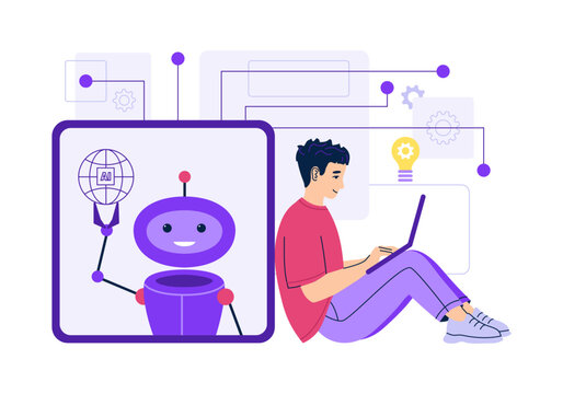 Artificial intelligence robot help man in work. Customer service bot, online client support. AI-powered search, machine learning, content creation, automates business processes. Vector illustration.
