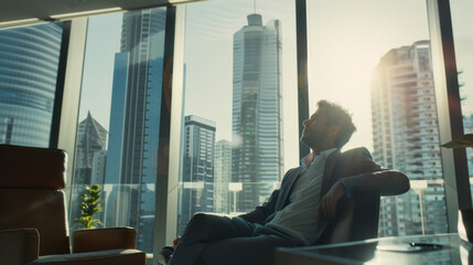 Businessman in thoughtful repose, gazing out of a high-rise office window at the cityscape.