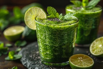 Green Detox Smoothie - Fresh, vibrant green color, garnished with a slice of lime and mint leaves