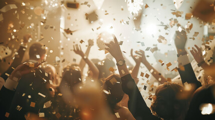 Joyful crowd celebrating with confetti sparks at a vibrant party.