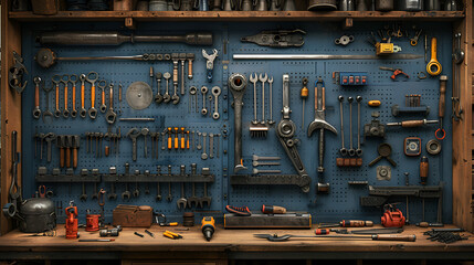 Collection of mechanic hand tools hanging on, Wrench tightens bolt in steel billet Spanner bolt screw and nuts Created 