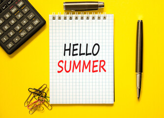 Hello summer symbol. Concept words Hello summer on beautiful white note. Beautiful yellow paper...