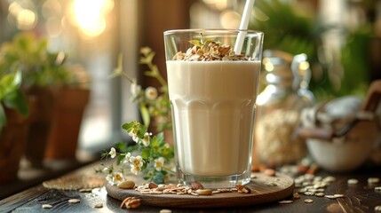 dairy-free milk alternatives, oat milk in a glass with a straw is a tasty and healthy dairy-free option, ideal for individuals with dairy sensitivities
