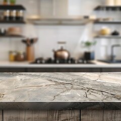 Empty marble stone table on blurred kitchen
