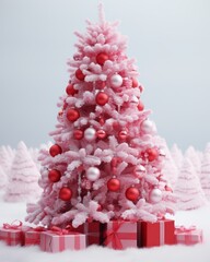 A pink Christmas tree adorned with red decorations, with gifts underneath