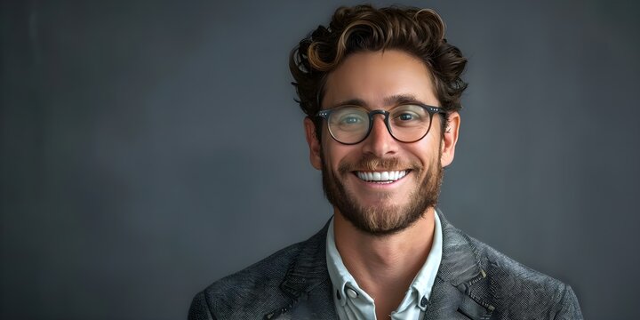 Young professional in glasses smiling against gray background in studio portrait. Concept Studio Photography, Professional Headshots, Business Attire, Eyewear, Gray Background
