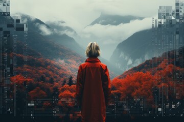 Woman in red coat in front of mountains under clear sky