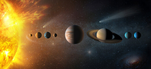 Sun, Mercury, Venus, planet Earth, Mars, Jupiter, Saturn, Uranus, Neptune. , galaxies, stars,...