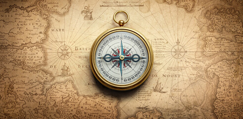 Magnetic old compass on world map. Travel, geography, history, navigation, tourism and exploration...