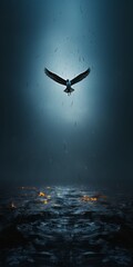 A bird is gracefully soaring above water under the night sky