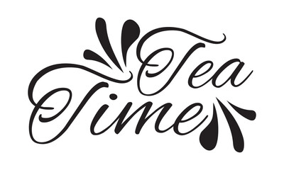 Tea time black lettering text on white textured background with turquoise stains, Tea calligraphy for logo, menu, cafe, invitation and postcards. Tea time vector design. vector illustration. EPS Print