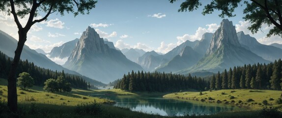 Mountain landscape.Forest panorama.Mirror mountain Lake.Reflection of mountains in water.Blue sky.River valley.Summer landscape.Alpine meadows.Mountains covered with forests.Reserved beautiful place.