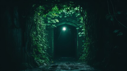 A dark passage leads to a distant light, symbolizing hope or expectation