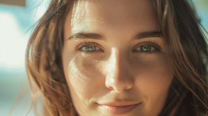 Close-up of a young woman's face bathed in golden light, highlighting her serene gaze.