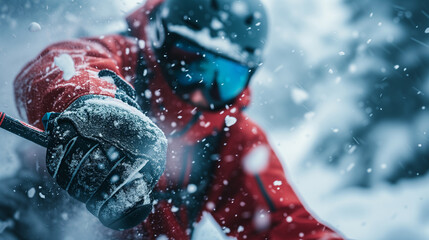 skier in red jacket and goggles skiing down a snowy slope