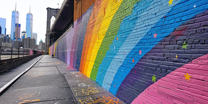Queer street art showcasing New York landmarks: World Trade Center, Brooklyn Bridge.