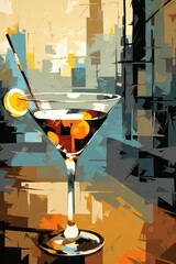 The image depicts a martini glass with a straw in it