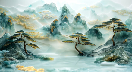 there is a painting of a mountain scene with trees and water