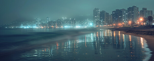 Fototapeta premium Double exposure of a night city skyline blending into a calm beach, illustrating the juxtaposition of urban energy and natural calm.
