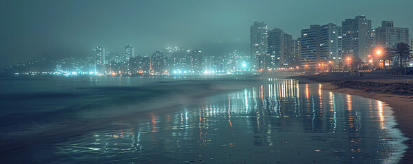 Double exposure of a night city skyline blending into a calm beach, illustrating the juxtaposition...