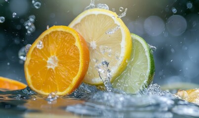 A splash of citrus fruits like oranges, lemons, and limes in water