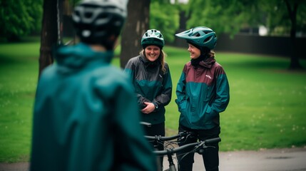 Happy Middle-Aged Women Enjoying a Summer Cycling Adventure in Matching Jackets