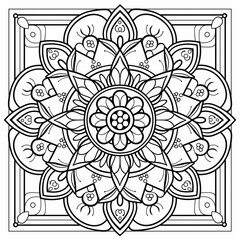 a coloring page with a flower design in black and white