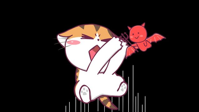 Animated Little Cat Jumping to Catch Red Demon - Transparent Background