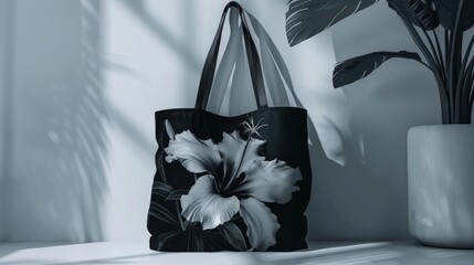 Totes with printed flower graphics in black, realistically designed