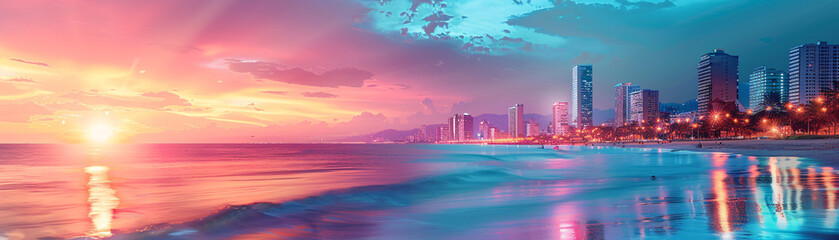 Fototapeta premium Double exposure of a peaceful beach at sunset and a dynamic cityscape at night, representing the balance between relaxation and activity.