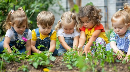 Kindergarten kids learn gardening with little farmers
