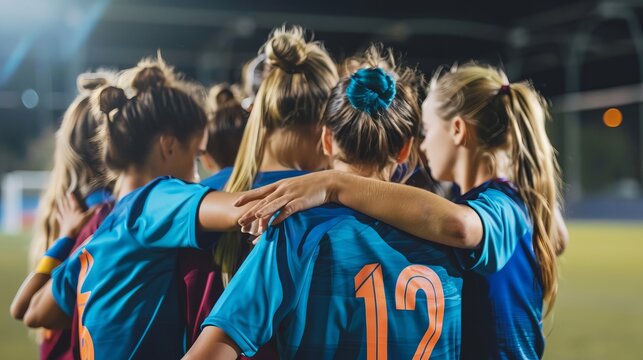 Standing together, huddling and huddling together, three female soccer players