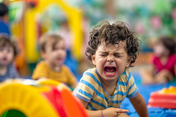 Crying Toddler in Colorful Playroom.