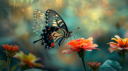 there is a butterfly that is flying over some flowers