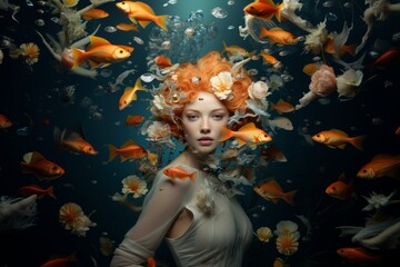 Woman with flowers in hair surrounded by fish in underwater scene in painting