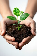 A hand holding a small plant. The plant is growing out of the soil in the palm of the hand. The hand is holding the plant up to the light.